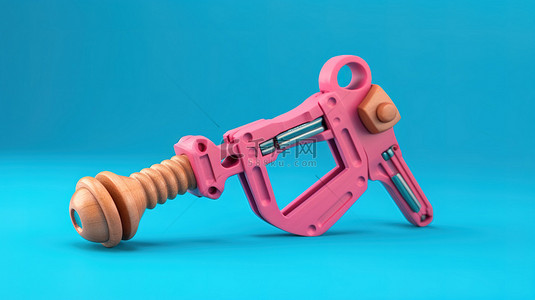 蓝色背景 3D 渲染下双色调风格的险恶粉色木制弹弓玩具武器