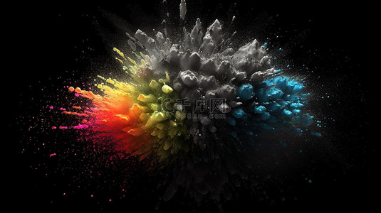 彩色烟雾弹背景图片_充满活力的白色粒子在 3d 的黑色背景下爆裂