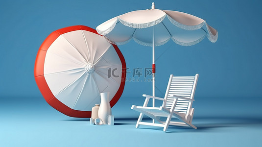 蓝色和白色海滩设置 3d 渲染的躺椅伞救生圈和沙滩球在蓝色背景上