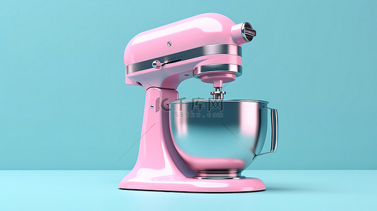 粉色背景呈现双色调蓝色厨房立式搅拌机 3D 风格