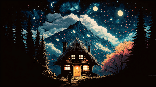 夜晚海边房子背景图片_星空森林小屋灯光月光