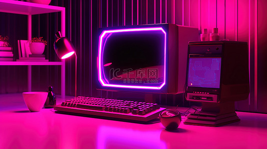 充满活力的 3D 插图时尚黑色电脑沐浴在霓虹粉红色灯光下
