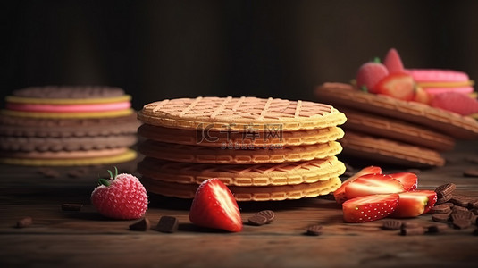 逼真的 3D 渲染美味脆片巧克力草莓和香草零食