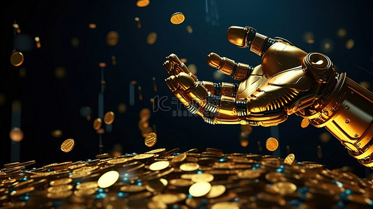 视觉机器人背景图片_3D渲染机器人手持有的金币是金融技术概念的视觉表示