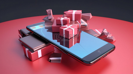 在线购物概念礼品盒和信用卡在智能手机上以 3D 渲染