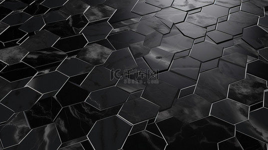马赛克黑色背景图片_3d 渲染中的黑色大理石六边形面板