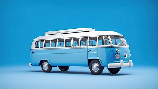 小卡样机背景图片_乘坐小巧的蓝色巴士 3d 插图时尚旅行