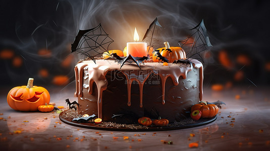带有南瓜蝙蝠和蜘蛛网的怪异万圣节蛋糕的 3D 插图