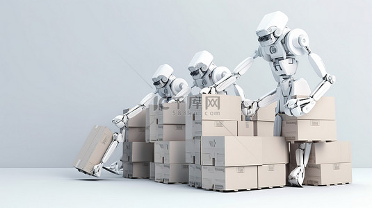 草纸箱子背景图片_白色背景中搬运箱子的仓库机器人 3d 渲染