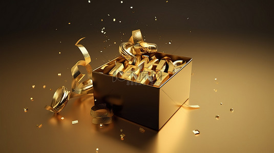 金色2021背景图片_礼品盒中出现的“新年快乐”文字的金色主题 3D 渲染