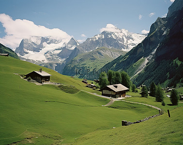 德国普乐瑞士背景图片_山上有房屋，显示滑雪者从威尔普斯铁路上下来