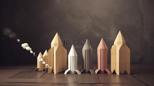 微型纸火箭演变为巨大的 3D 插图渲染