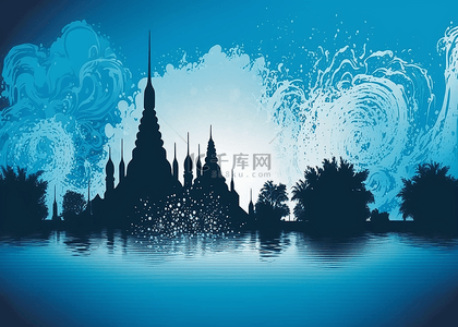 泰国寺庙泼水剪影蓝色背景