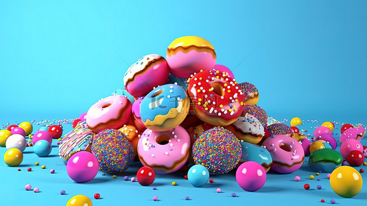 糖果巧克力零食背景图片_蓝色背景 3D 渲染上充满活力的球中的彩色糖果和零食