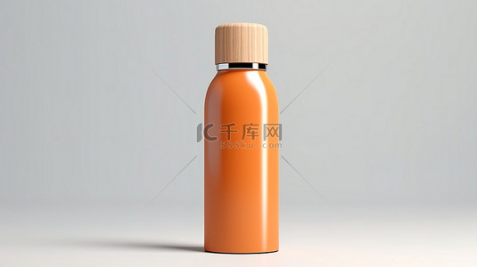 白色背景上带有木帽的橙色现代瓶子模型的 3D 渲染