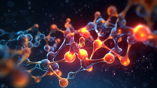 生物科技创新背景图片_带有火焰条纹的分子和原子的抽象 3D 插图
