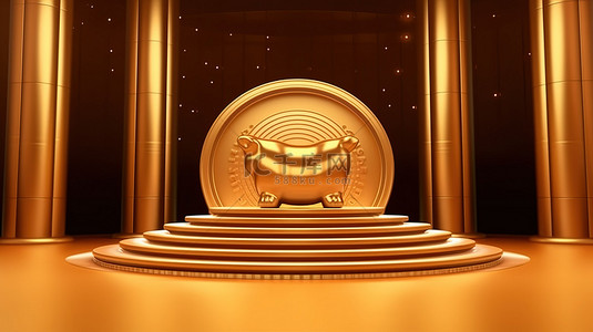 中国的银行背景图片_中国风格 3D 渲染黄金存钱罐在讲台上的背景