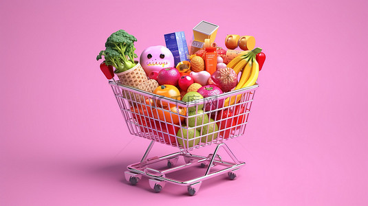 杂货店和食品店概念 3D 渲染插图，显示粉红色背景下装满食物的购物车