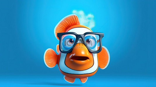 蓝色背景上戴着太阳镜的酷红海小丑鱼的 3D 渲染