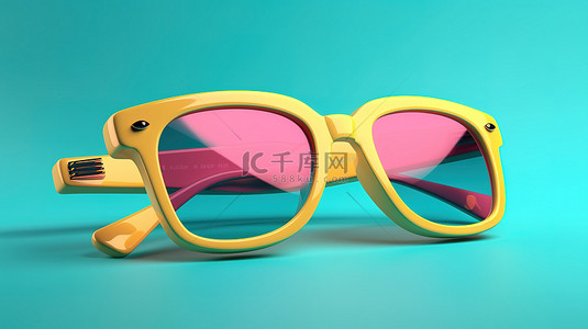 度假创意背景图片_绿松石框偏光太阳镜，带粉色镜片，是您海滩度假或派对的时尚配饰，黄色背景上的 3D 渲染样机横幅