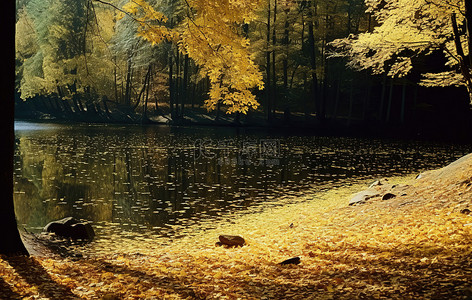 森林中间的一个湖，叶子黄了