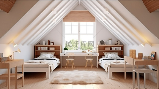 精致的儿童房，配有双人床天窗和 3D 渲染的温暖木制家具