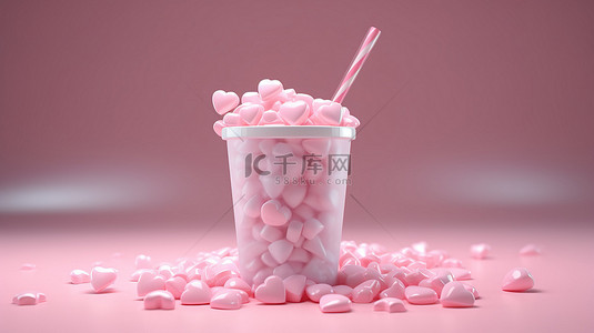 生日背景图片_3D 渲染冰沙杯插图，带有粉红色塑料糖心