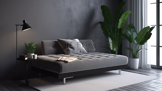 现代一室公寓的 3D 渲染，卧室配有沙发床和落地灯