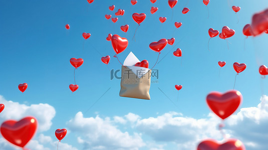 爱心生日贺卡背景图片_3d 渲染的心形气球携带情书