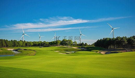 高尔夫球网背景图片_高尔夫球场的高尔夫果岭的风车