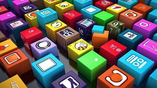 3d 渲染方块中的各种社交媒体应用程序徽标