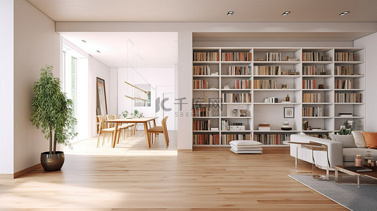 奢华客厅背景图片_迷人而奢华的客厅和餐厅，配有白色墙壁明亮的木地板和宽敞的书架 3D 渲染