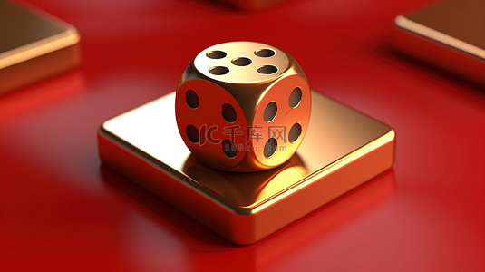 单个骰子背景图片_为社交媒体渲染的哑光红盘 3d 上单个骰子金色符号的图标