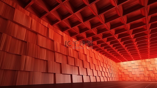木板地板墙背景图片_引人注目的设计红色面板木天花板墙与 3D 渲染