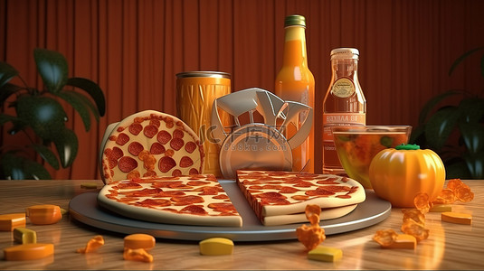汁背景图片_家庭娱乐电影卷轴远程 3D 眼镜披萨和橙汁与奖牌 3D 渲染插图