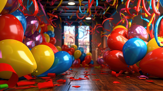派对背景的 3D 插图，用气球和丝带发送新年快乐祝福
