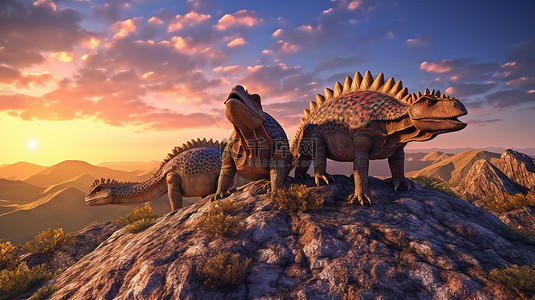 岩石山上恐龙的日落小夜曲 3D 渲染