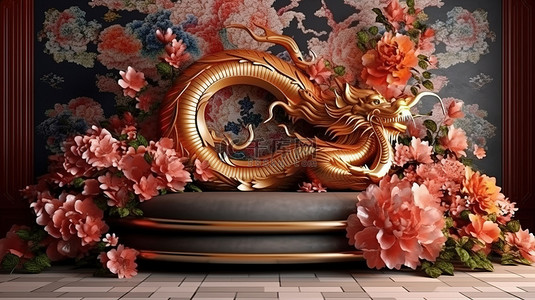 华丽的东方布置和中国龙是 3D 室内设计中健康和繁荣的象征
