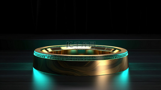 舞台上闪闪发光的绿色和金色戒指 3D 渲染显示背景
