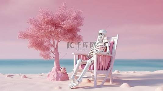 粉色背景树背景图片_柔和的粉色和金色树的 3D 渲染，带有着陆页模拟骨架，在椅子上享受海滩舒适