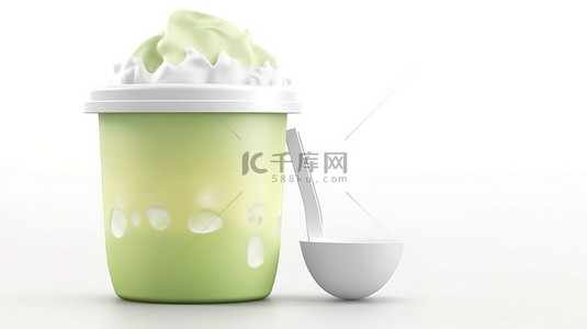 卡通风格 3d 渲染软冰，顶部是绿茶和牛奶，放在白色背景中隔离的杯子中