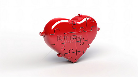 心形拼图背景图片_情人节主题 3D 渲染红色拼图和白色背景上的心