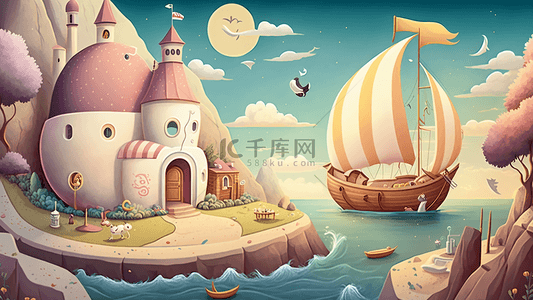 可爱卡通帆船背景图片_帆船海岸房子卡通插画背景