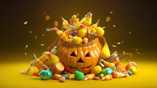 黄色节日背景背景图片_节日万圣节 3D 渲染的黄色袋子，里面装满了五颜六色的糖果和零食