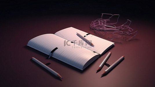笔记本卡通背景图片_带笔和记事本的台式笔记本的 3D 渲染