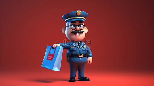警察卡通背景图片_搞笑 3D 卡通警察提着红色购物袋