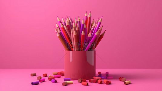 滴墨水刷背景图片_充满活力的粉红色艺术用品悬挂在粉红色背景上，呈现令人惊叹的 3D 渲染效果