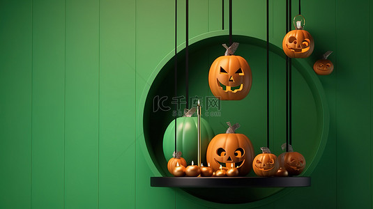 怪异的 3D 渲染讲台南瓜悬挂装饰球和绿色背景庆祝 10 月 31 日万圣节