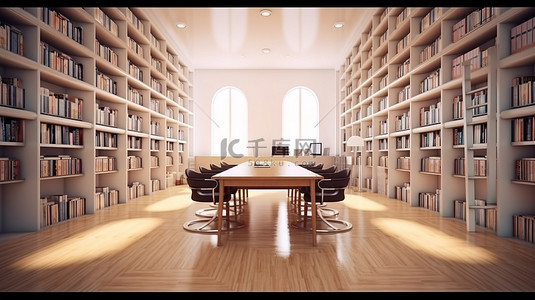 图书馆内部学习区和椅子的 3d 渲染