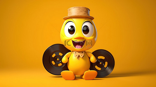 3D 渲染可爱的黄色卡通鸭人物吉祥物，黄色背景上带有电影卷轴和电影磁带